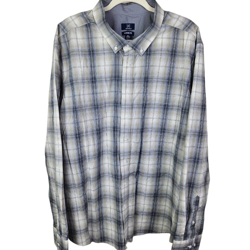[g] George Classic Fit Button-Up Shirt Men's‎ Size 3XL Long Sleeve Plaid Gray